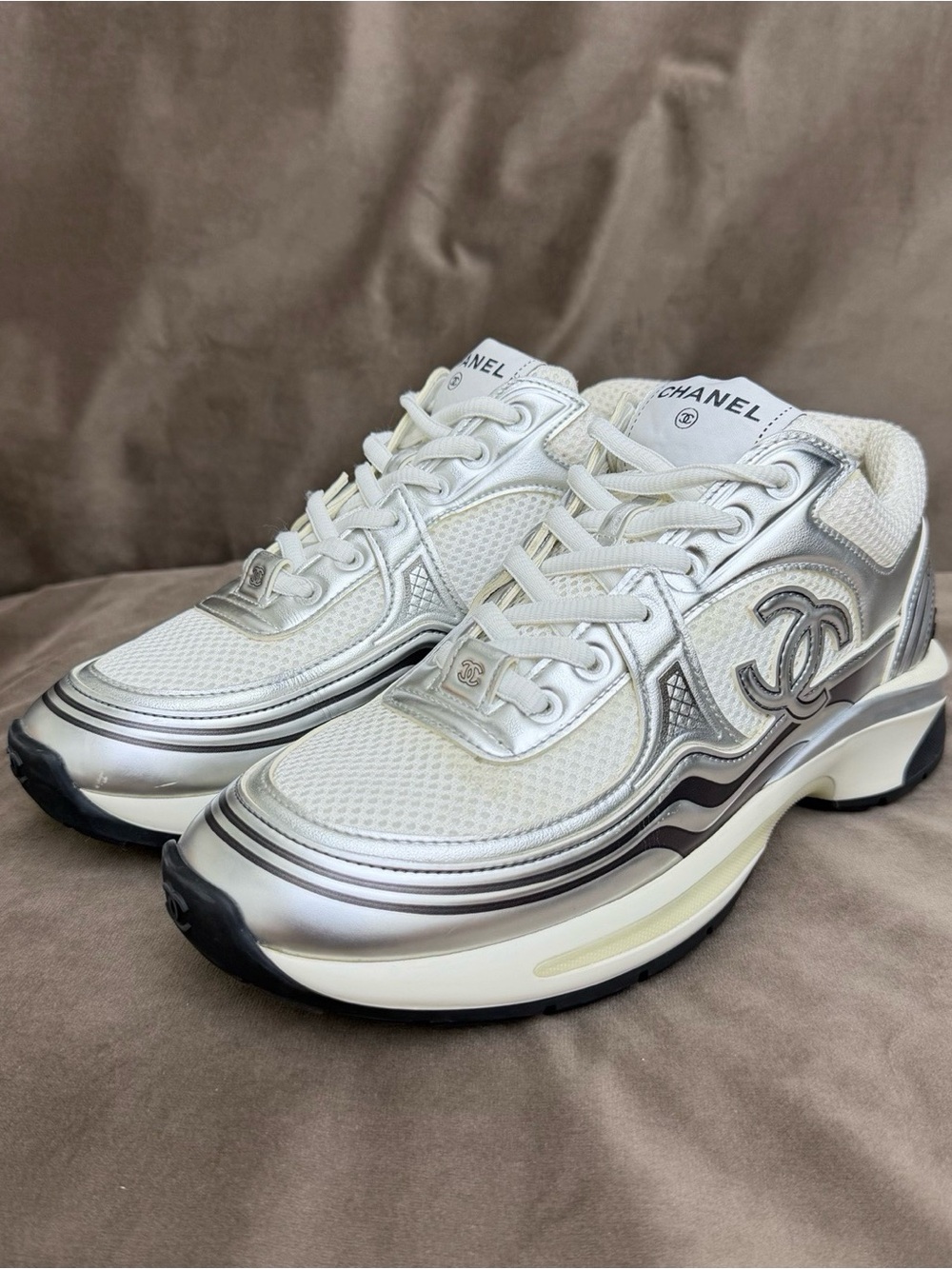 CHANEL White & Silver Metallic Accent Women's Sneakers